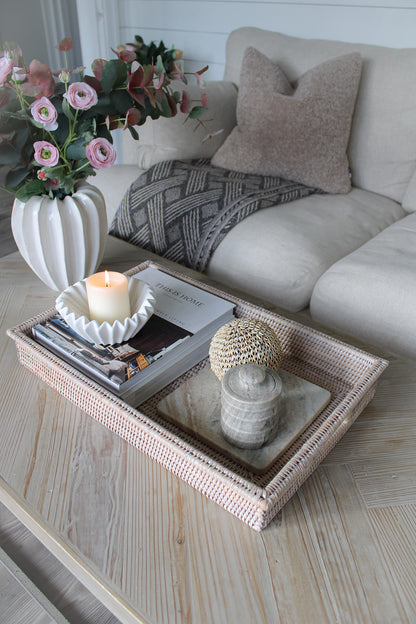 White Washed Rattan Coffee Table Tray