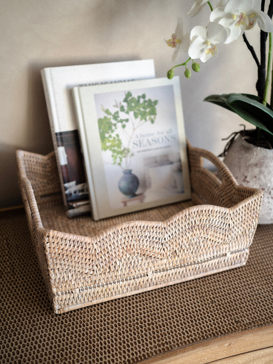 white washed woven rattan basket tray with books and a plant on a textured surface