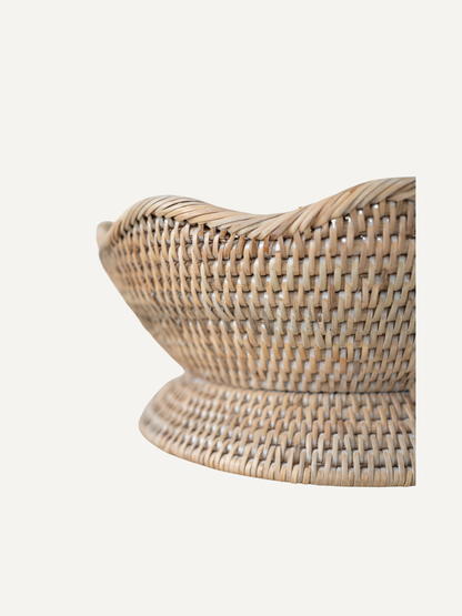 White Washed Rattan Scalloped Pedestal Bowl