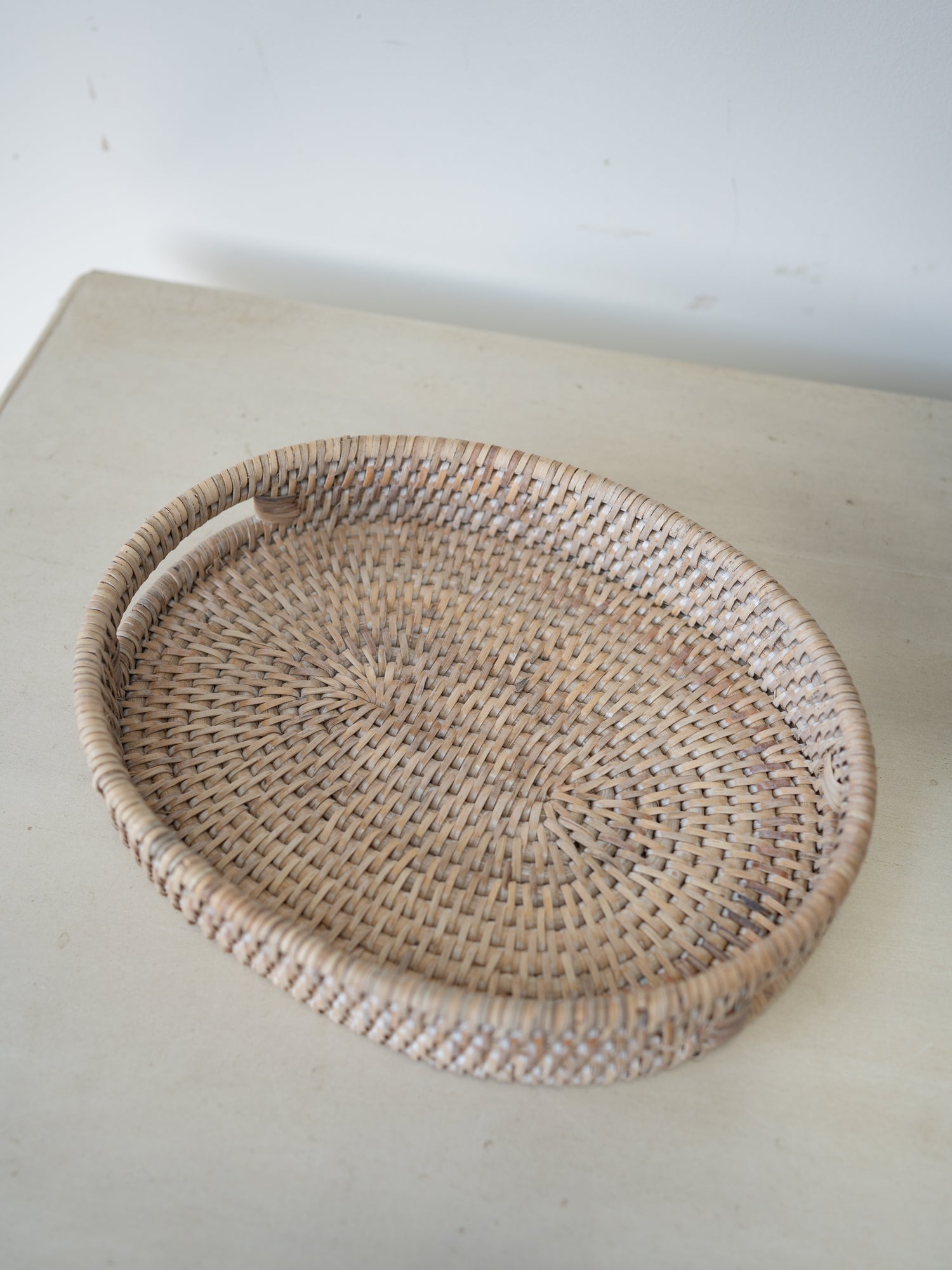 overhead image of White Washed Rattan Small Oval Tray