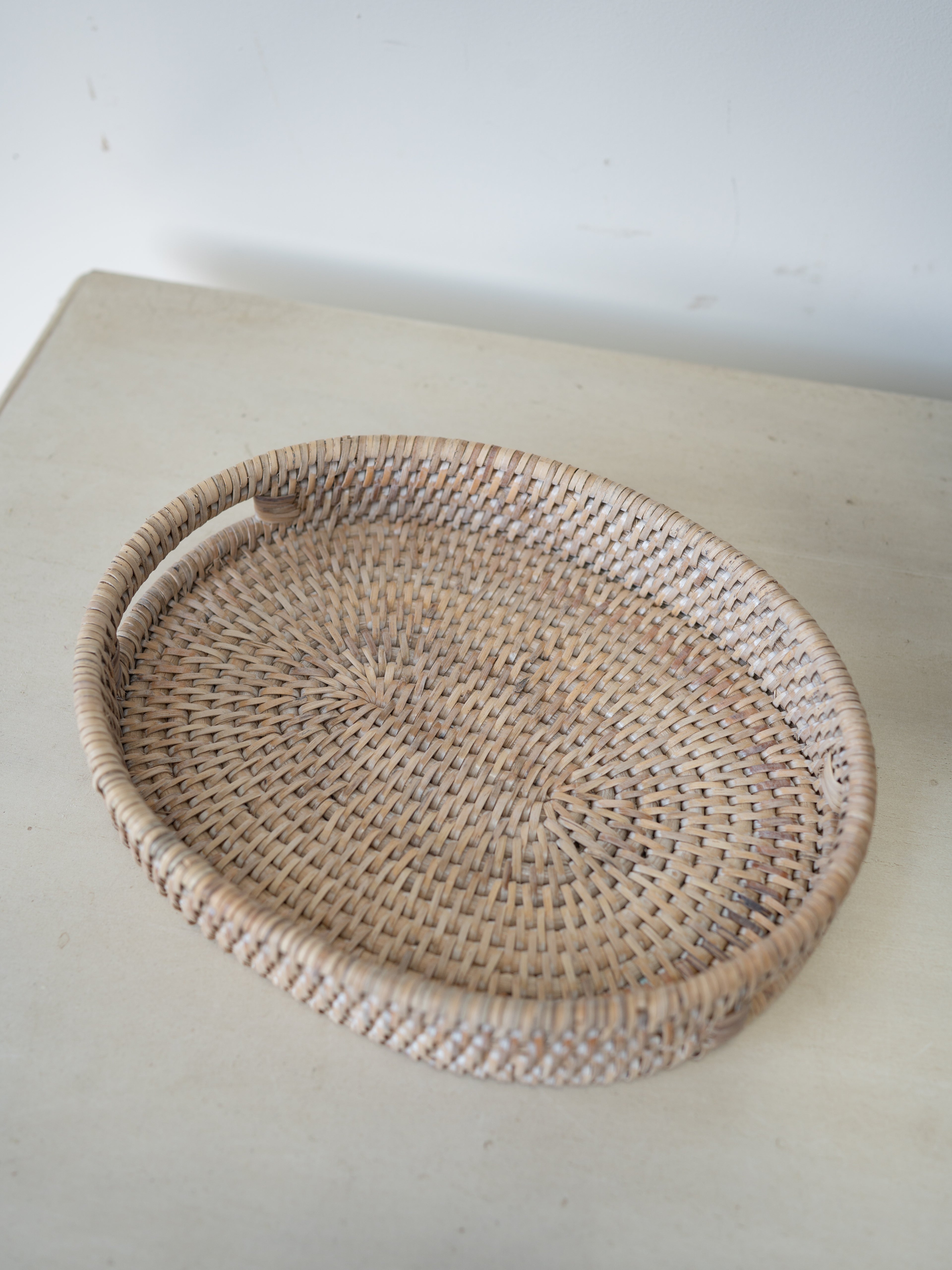 overhead image of White Washed Rattan Small Oval Tray