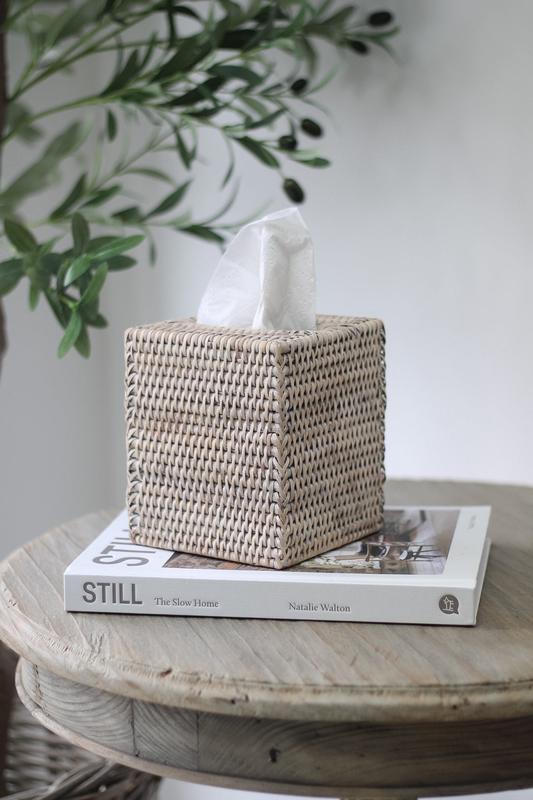 White Washed Rattan Square Tissue Box