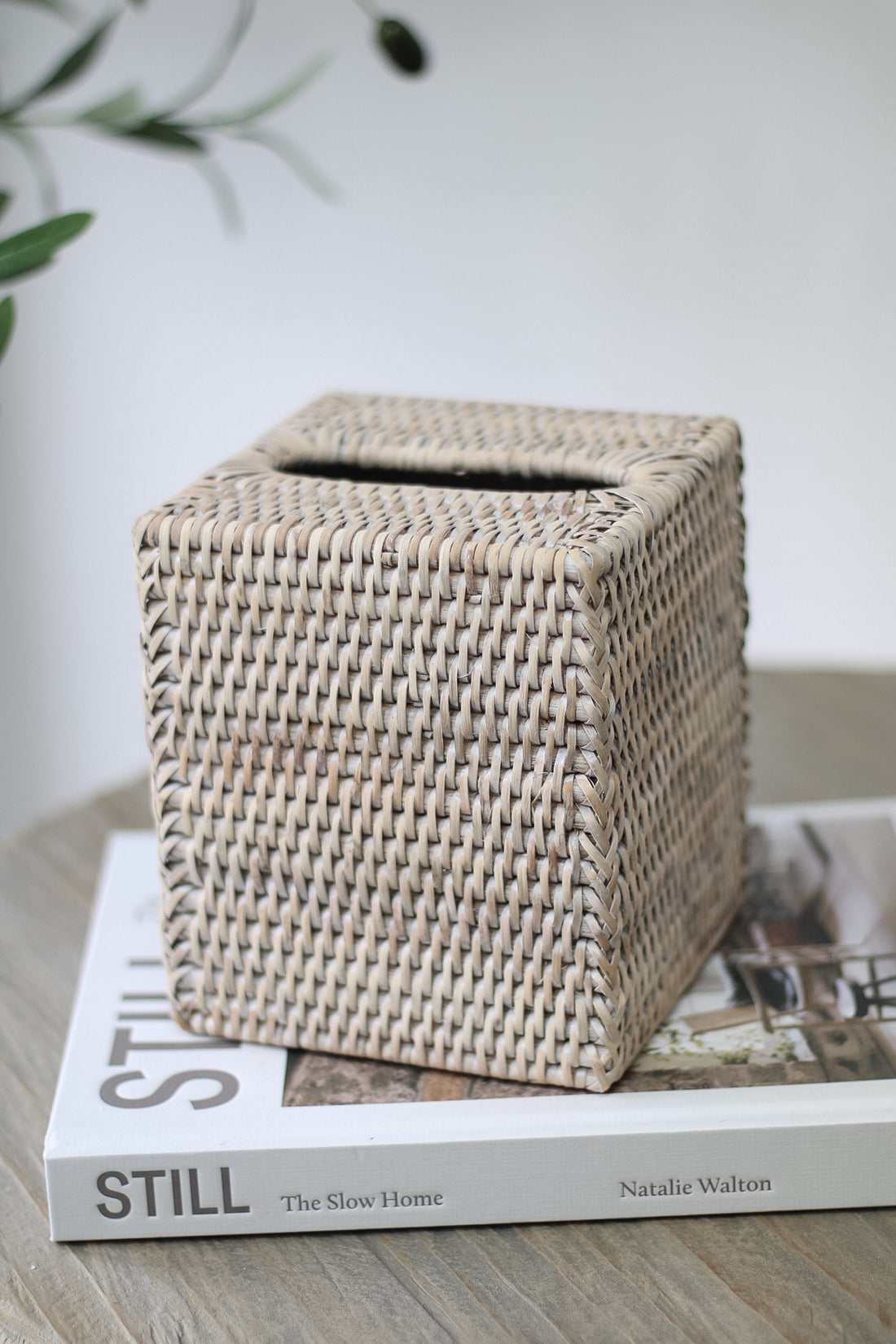 White Washed Rattan Square Tissue Box