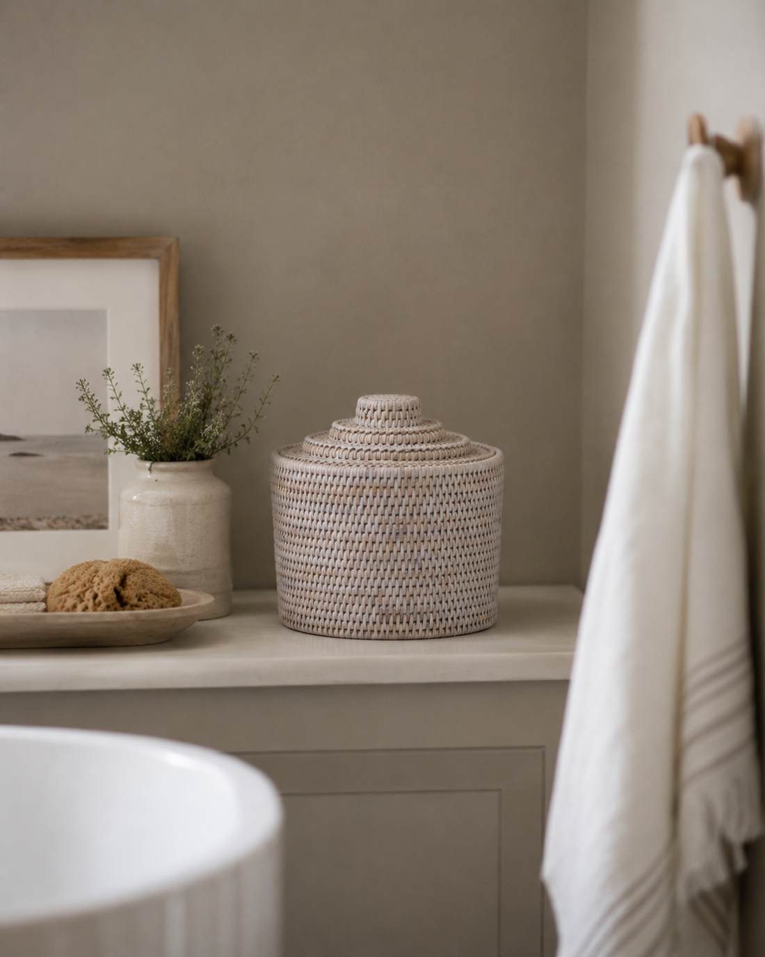 White Washed Rattan Storage Basket Jar with Lid