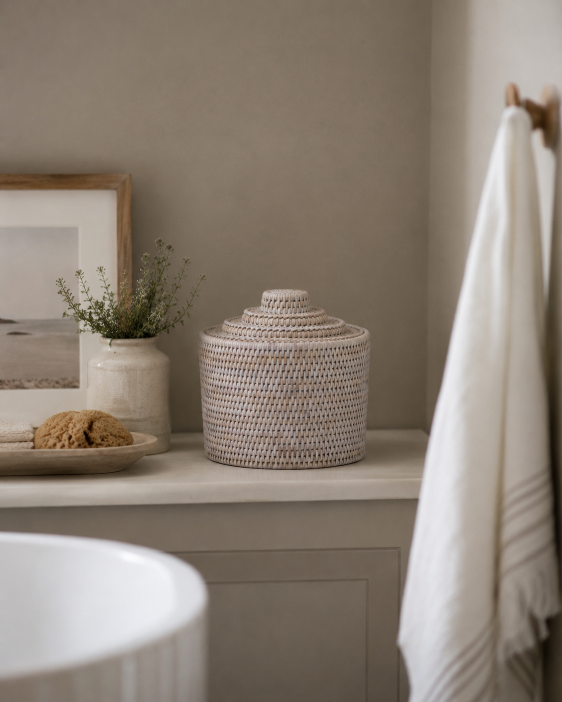 White Washed Rattan Storage Basket Jar with Lid