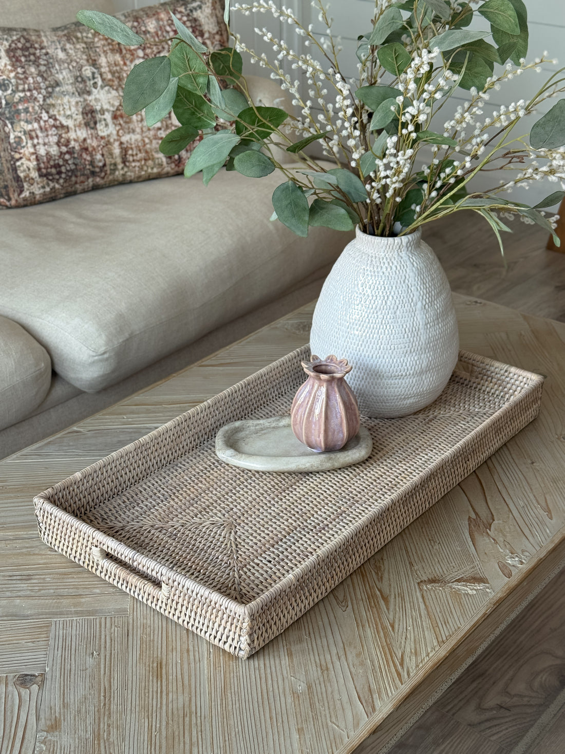 White Washed Rectangular Ottoman Rattan Tray