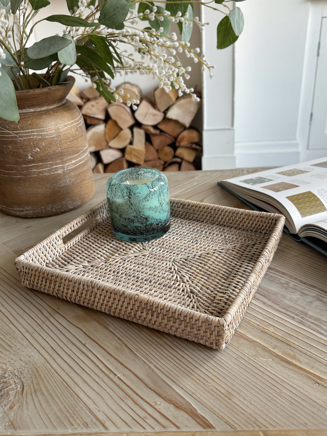 White Washed Rectangular Rattan Tray