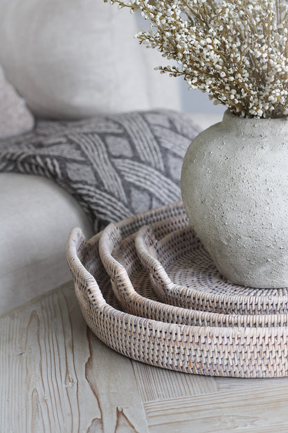 White Washed Round Rattan Tray with Handles