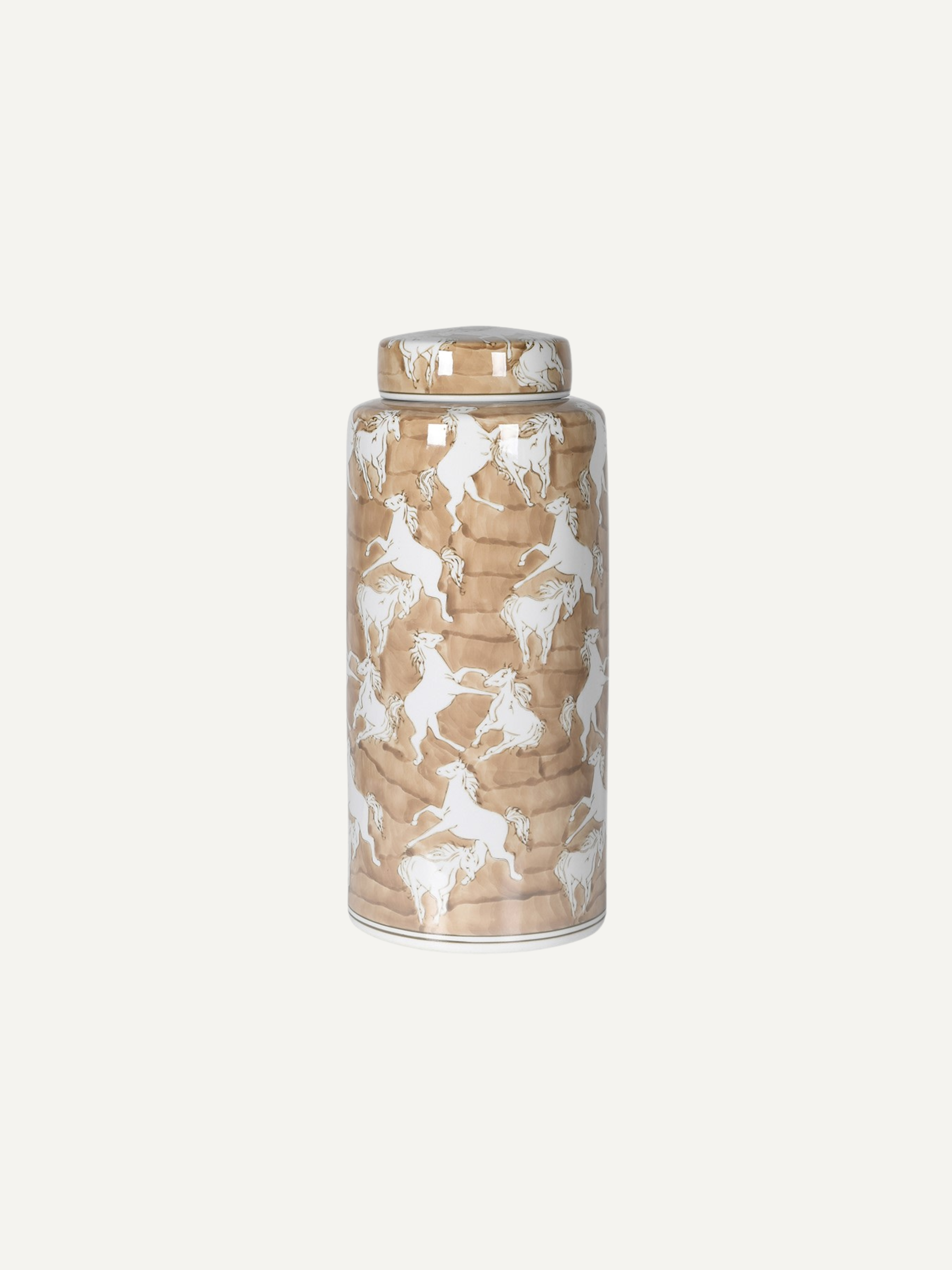 A cylindrical lidded storage jar with a beige and white running horse pattern, shown against a solid off-white background.