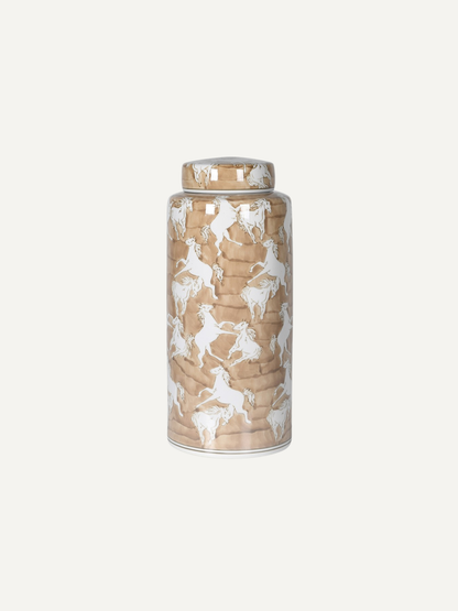 A cylindrical lidded storage jar with a beige and white running horse pattern, shown against a solid off-white background.