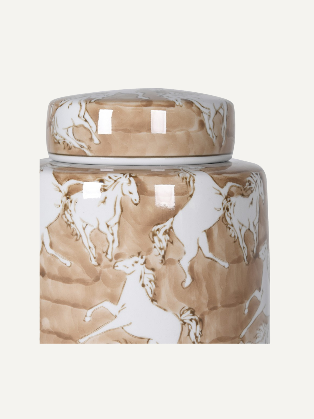 up close of wild horses beige and cream lidded jar