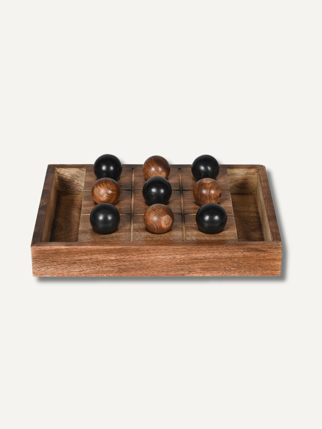Wooden tic tac toe board game with a textured surface on a white background