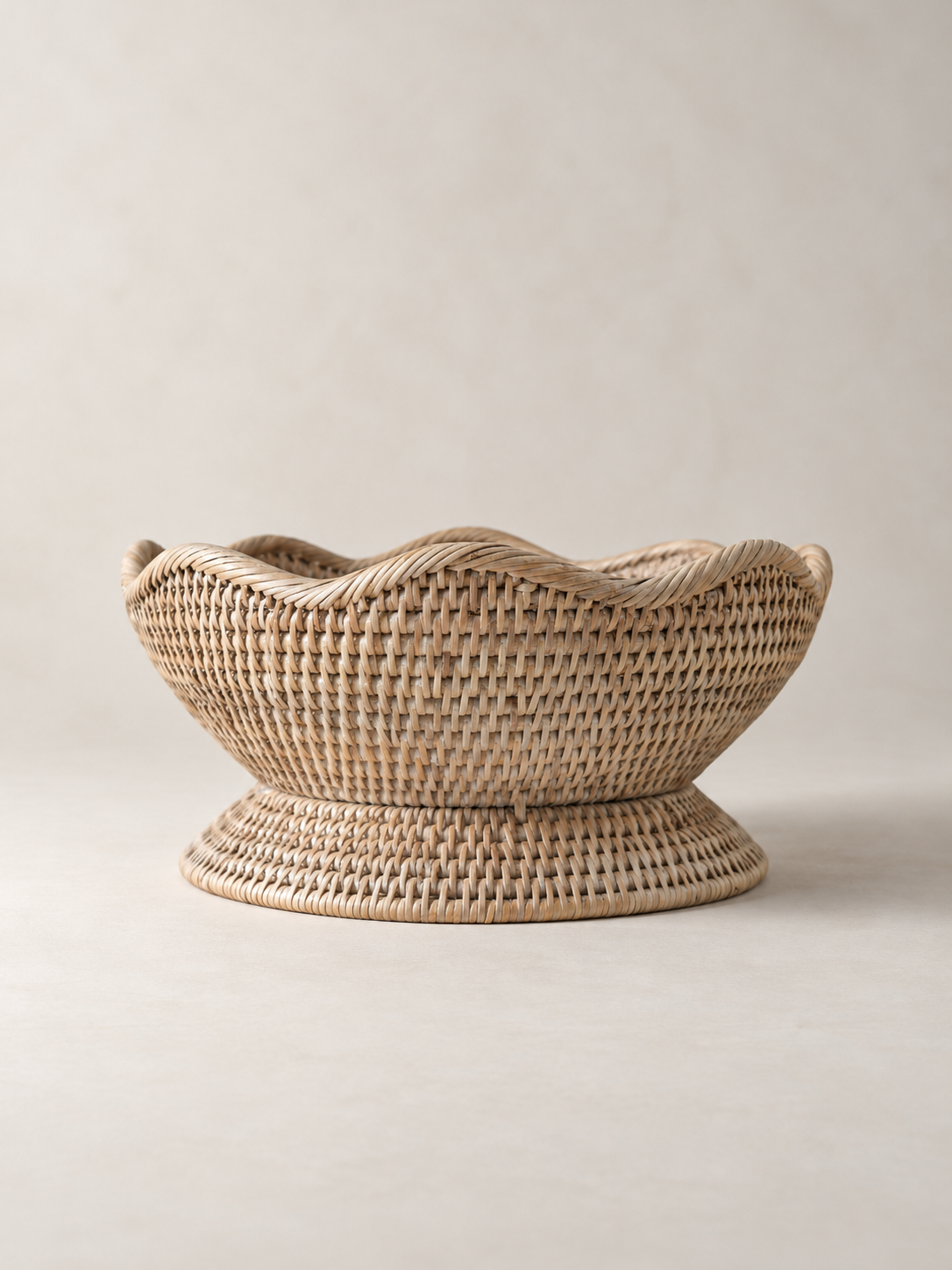 White Washed Rattan Scalloped Pedestal Bowl