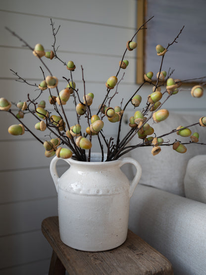 A rustic white ceramic jugsard vase filled with dried branches featuring small green and tan acorns, displayed on a wooden stool in a cosy living room setting.