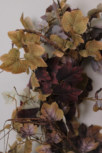 up close of rustic mulberry leaves wreath