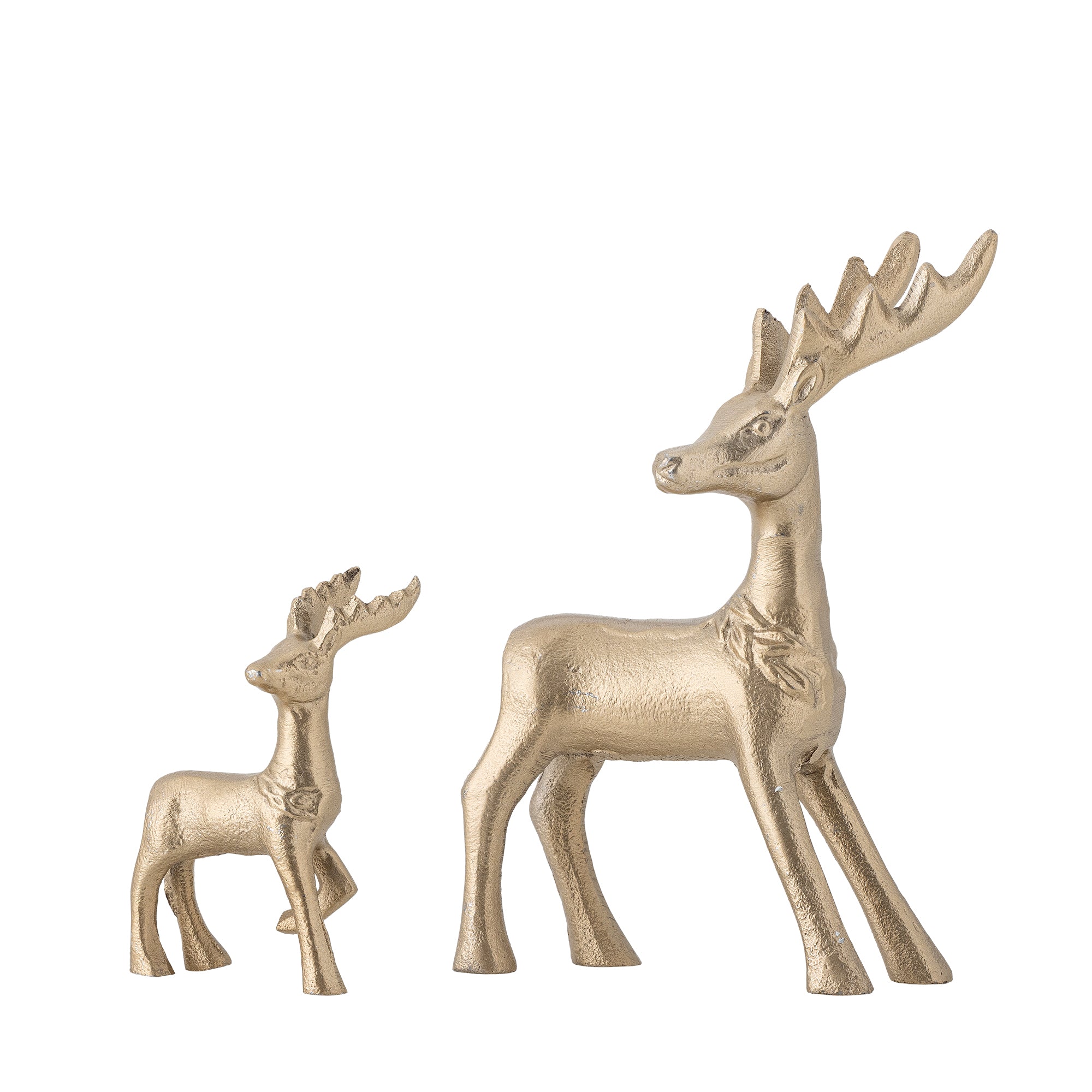 Two gold christmas reindeer figurines on a white background
