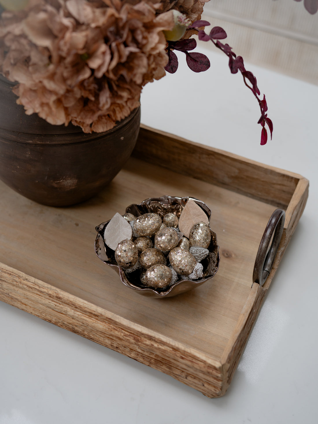 golden glittered acorns