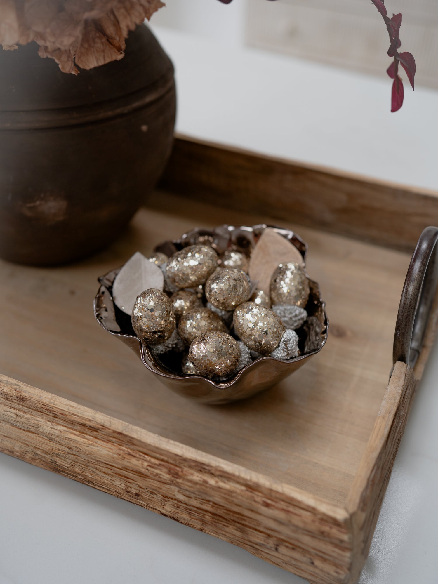 golden glittered acorns