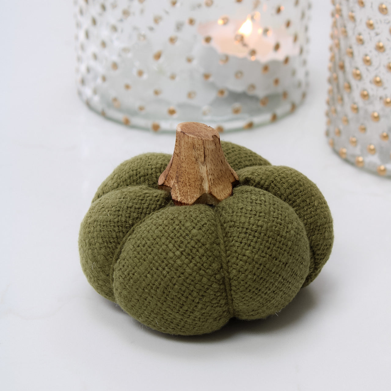 Green Fabric Pumpkin with Wooden Stalk