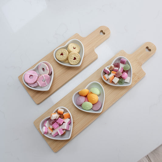 Heart Mini Snacking Dishes on Wooden Board
