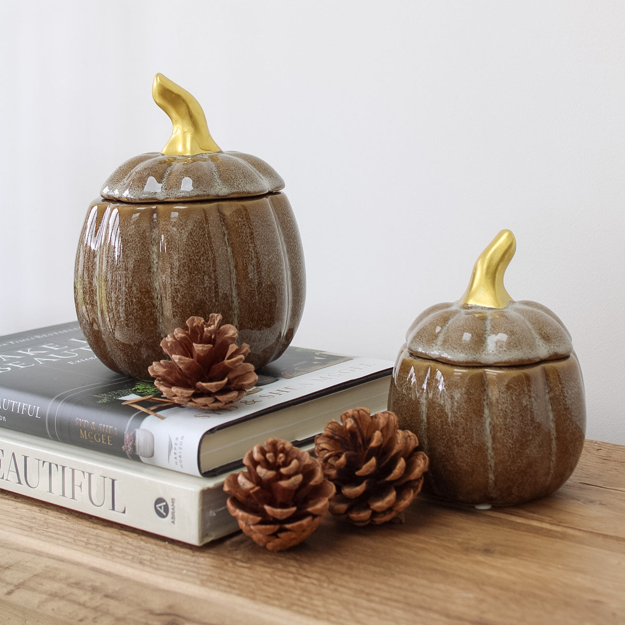 Brown & Grey Flecked Pumpkin Jar with Gold Stalk