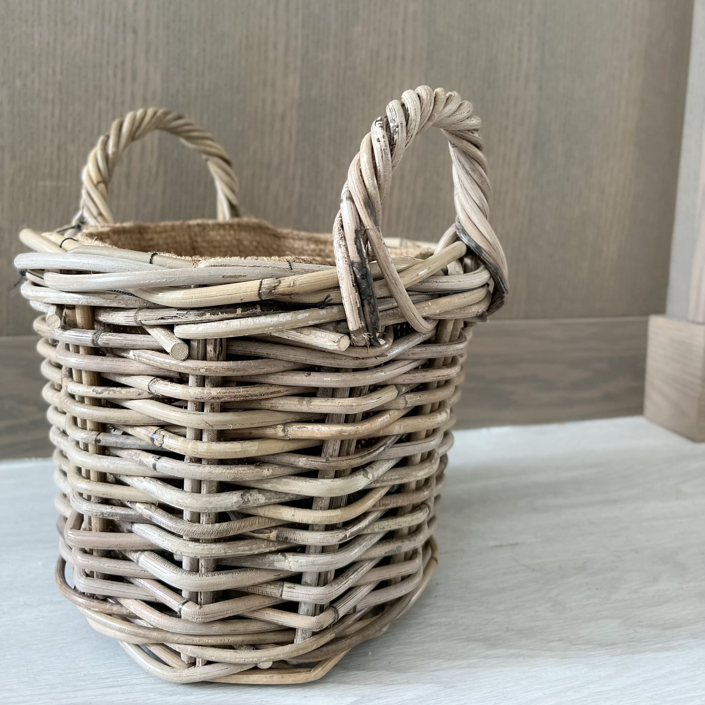 Round Rustic Grey Washed Rattan Storage Basket