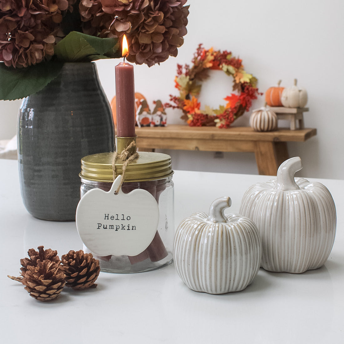 Hello Pumpkin White Ceramic Pumpkin Hanger