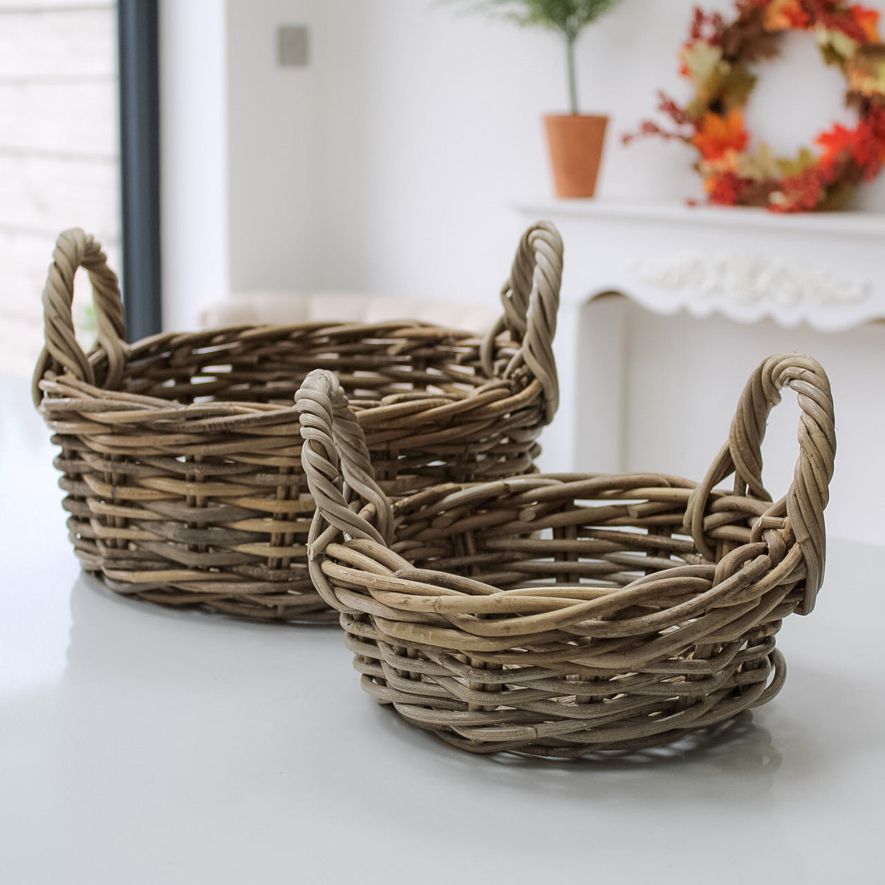 Grey Washed Small Rattan Basket with Handles