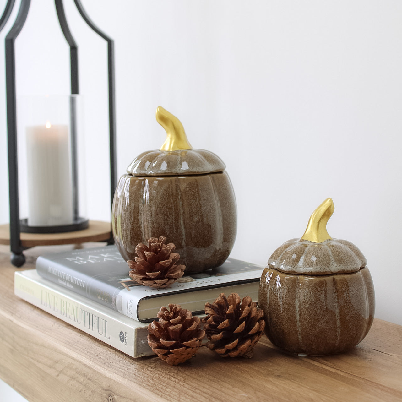 Brown & Grey Flecked Pumpkin Jar with Gold Stalk
