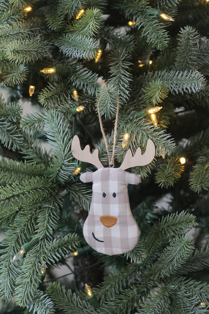 add a country touch to your christmas tree with this gingham check reindeer face tree hanger