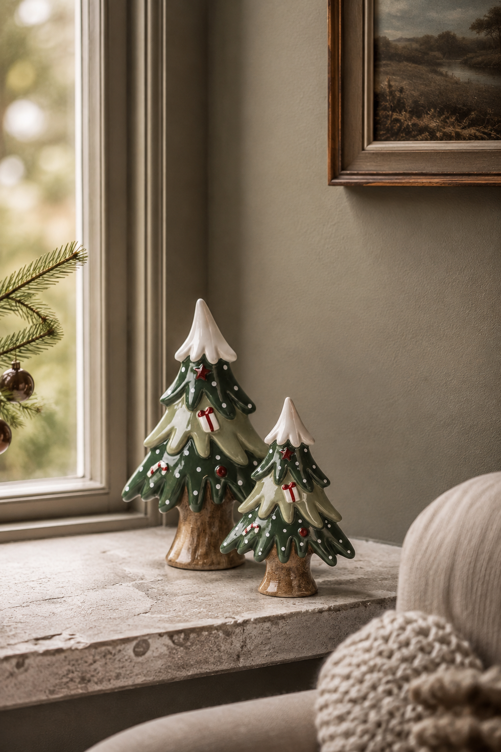 set of green and white ceramic trees on stone windowledge