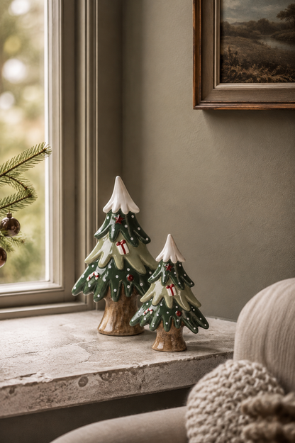 set of green and white ceramic trees on stone windowledge
