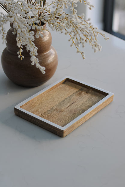 small mango wood tray with white edge detailing