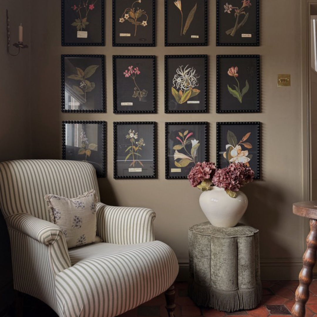 faux mocha dried ruffle hydrangeas styled in a modern heritage decorated home with striped arm chair and black bobble framed floral prints