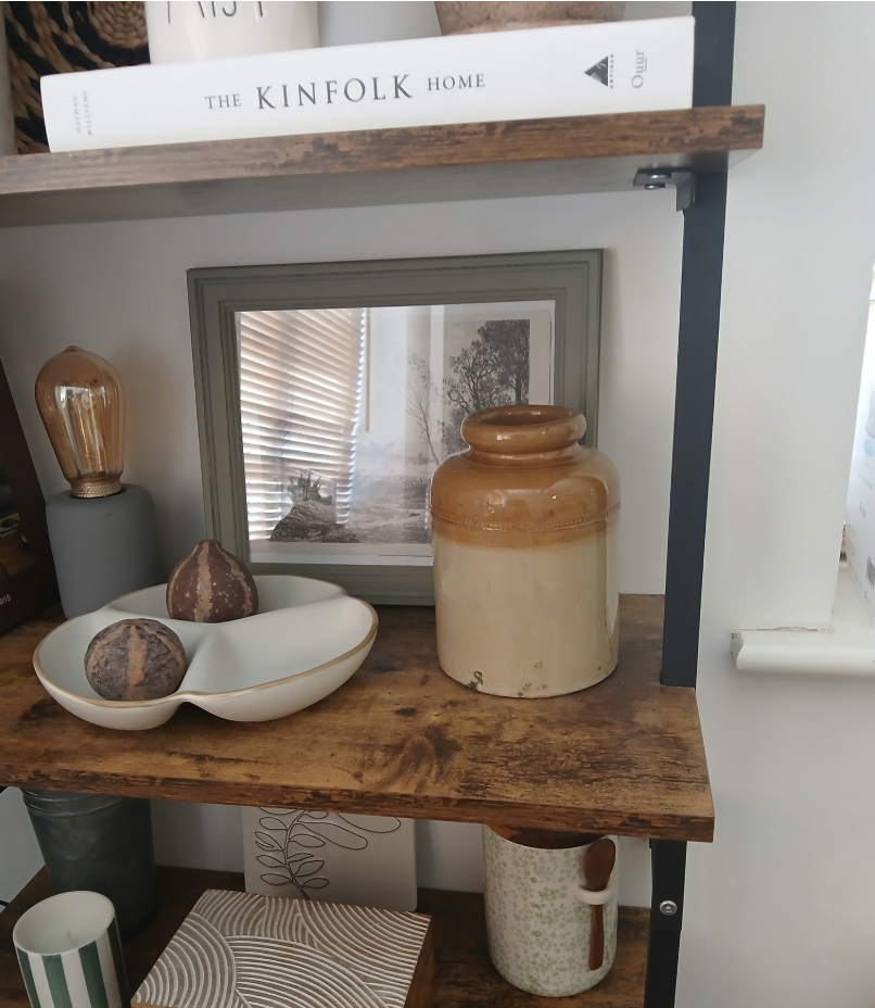 salt glazed vintage pot styled on wooden shelving unit