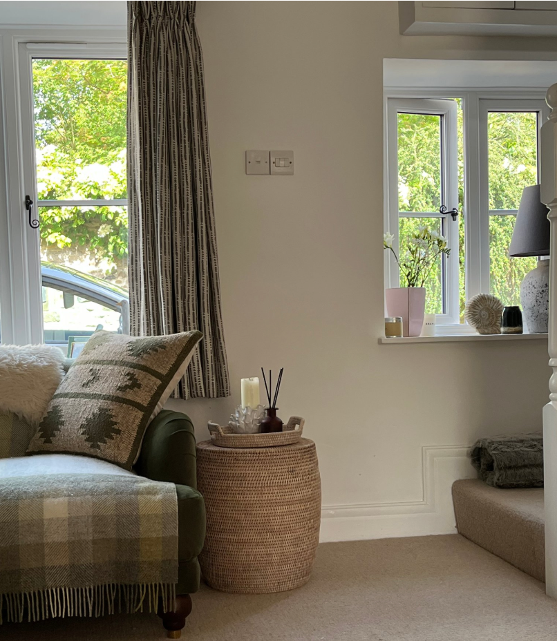 white washed drum stool in country style living room