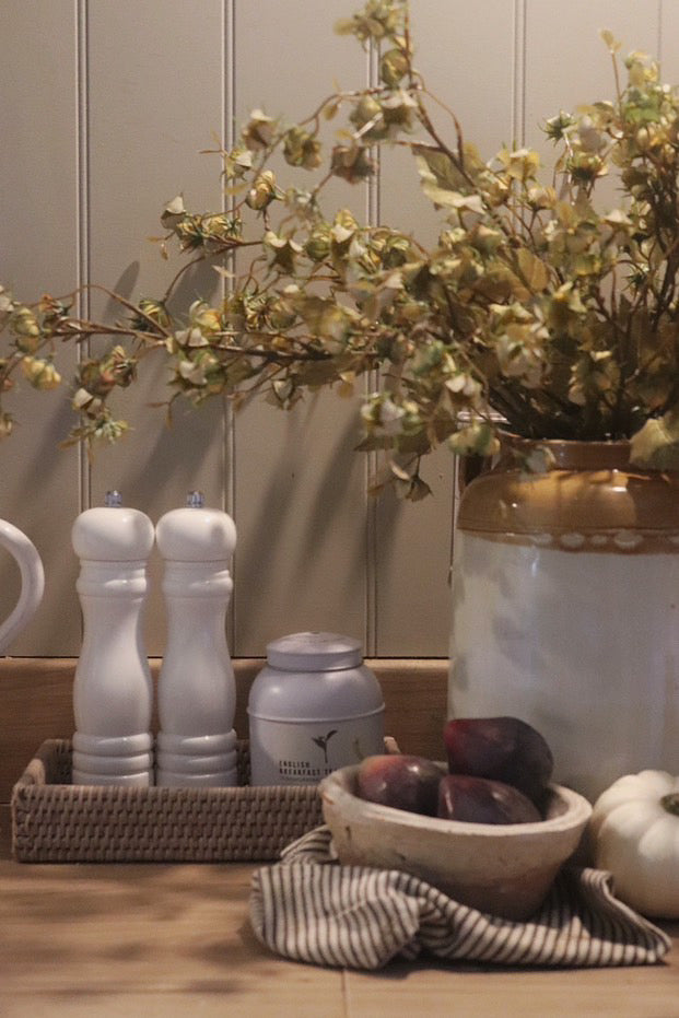 Decorative setting with white salt and pepper shakers, a jar, and a bowl of plums on a wooden surface.