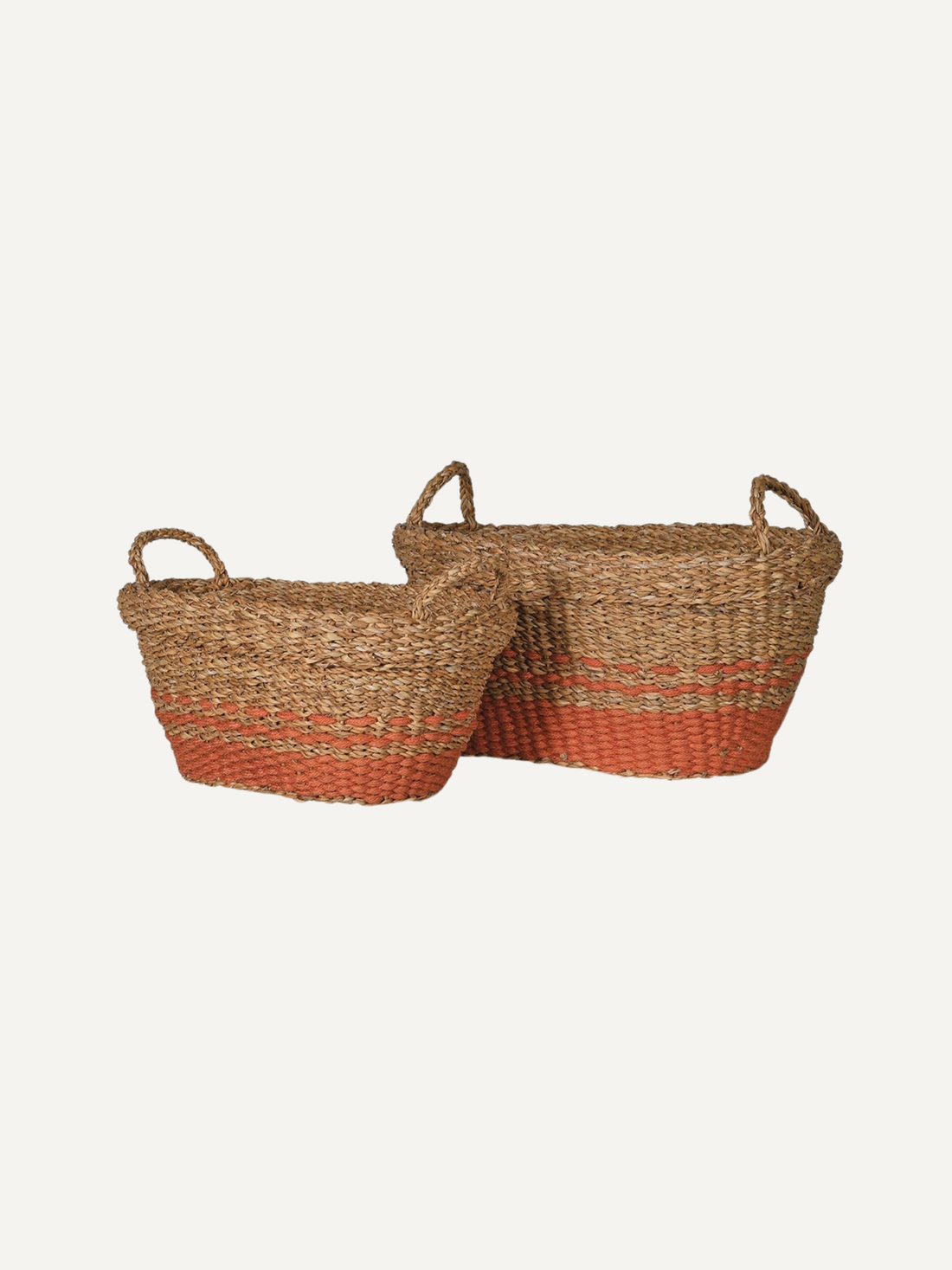 Two woven baskets with a gradient color pattern on a white background perfect for home storage for items like toys, clothing, blankets, cushions