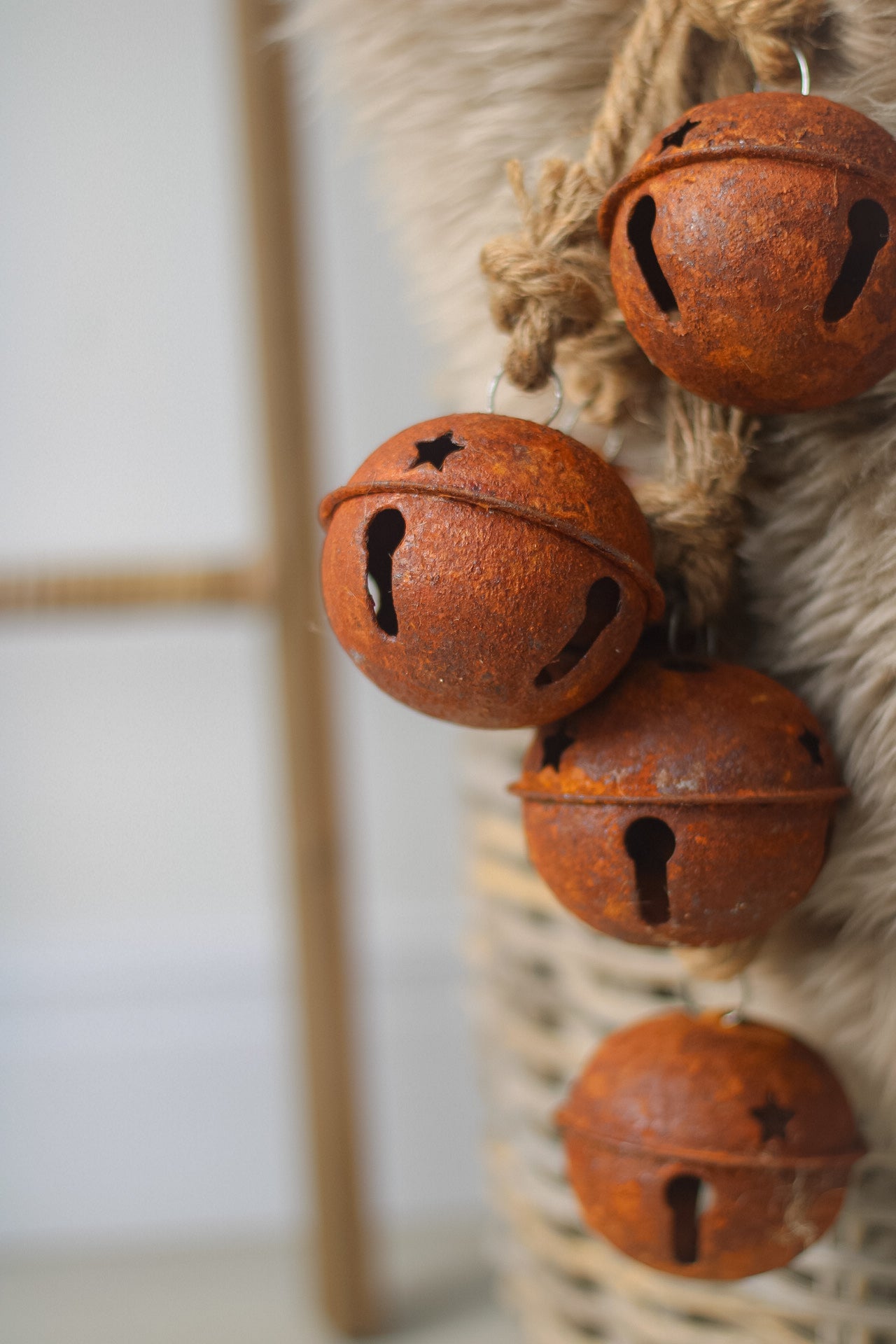 up close of rustic bells for christmas decor