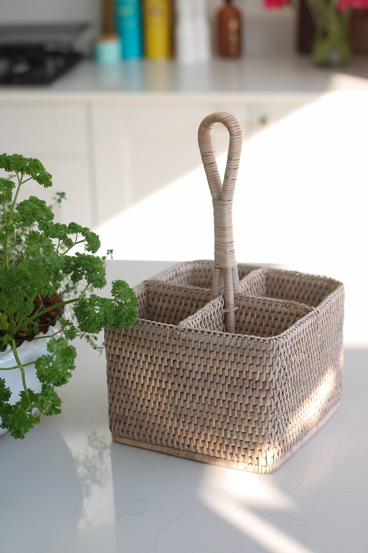 Hand crafted rattan condiment caddy for elegant home decor in your kitchen