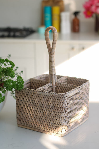 rattan condiment caddy for kitchen worktop storage solutions
