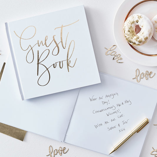 Wedding Guest Book White and Gold Foiled