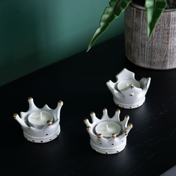 Gold & White Crown Tea Lights | Set of 3